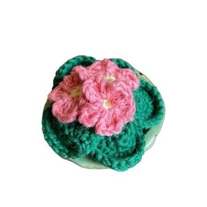 Crochet African Violet in Clay Vase Pink Flowers Handmade Crocheted Plant Decor